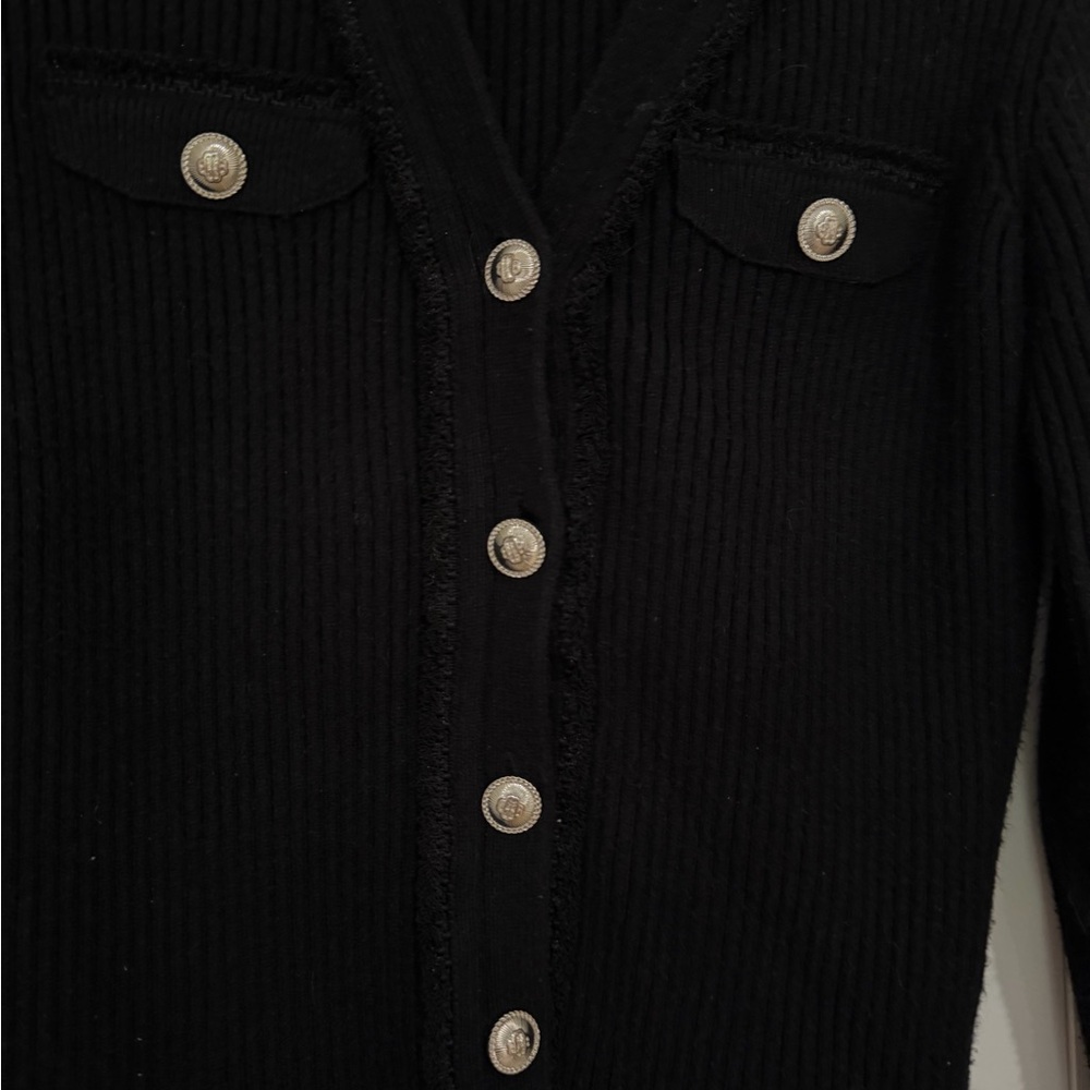 Maje Black Ribbed Cardigan with Silver Buttons - Picture 12 of 15